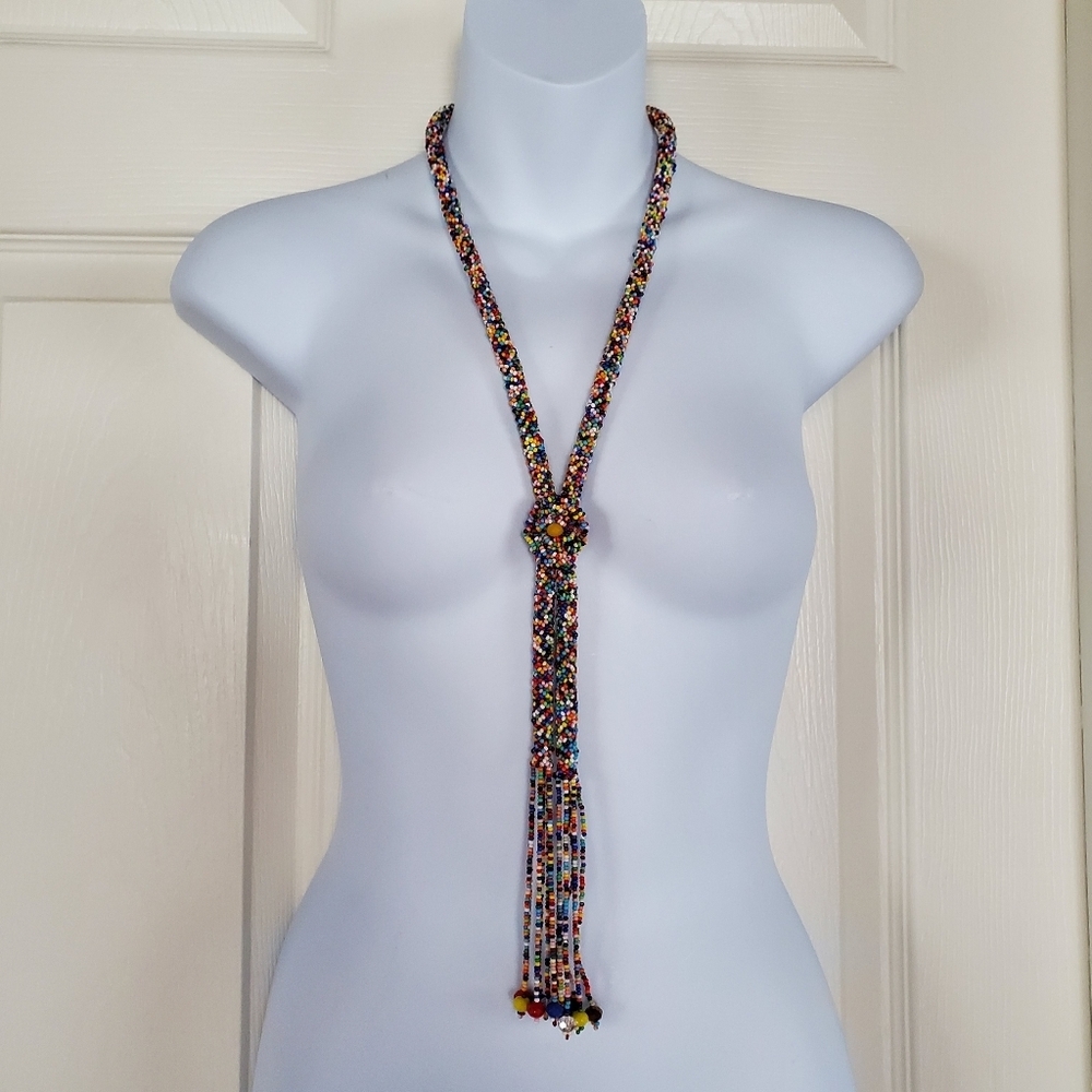 Handcrafted Multicolored Necklace Rainbow Colorful Mixed Beaded Tassel Guatemala